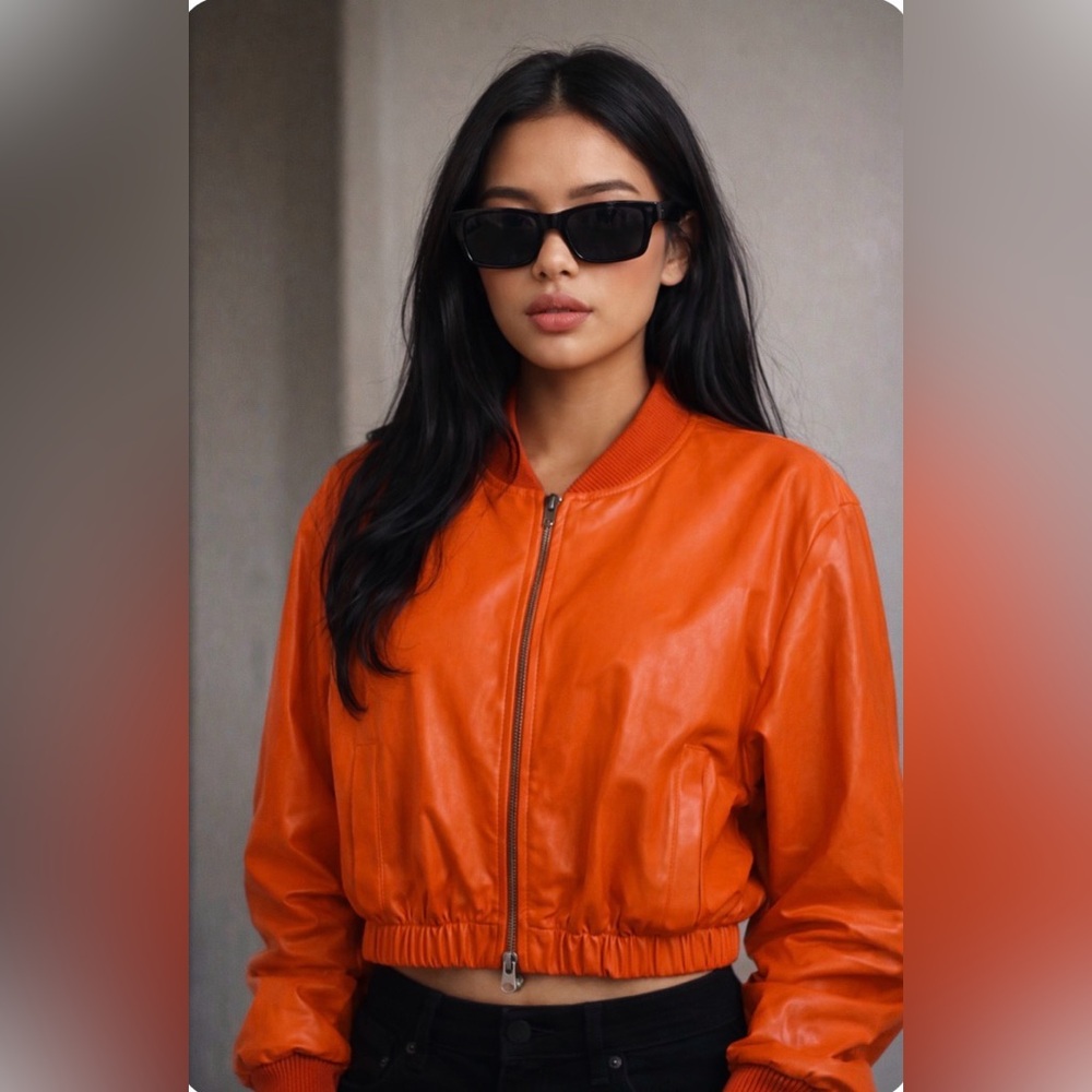 Lefton Vibrant Orange Bomber Jacket Faux Leather Size 40 New Without Tag